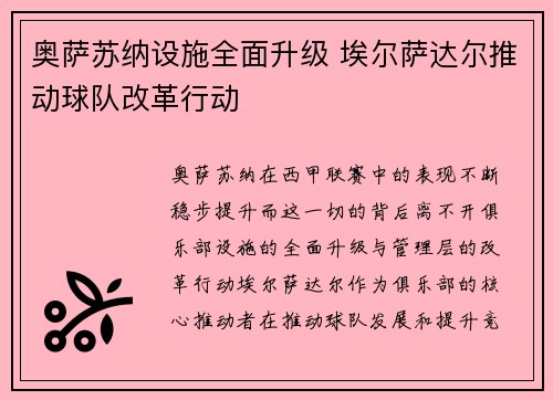 奥萨苏纳设施全面升级 埃尔萨达尔推动球队改革行动